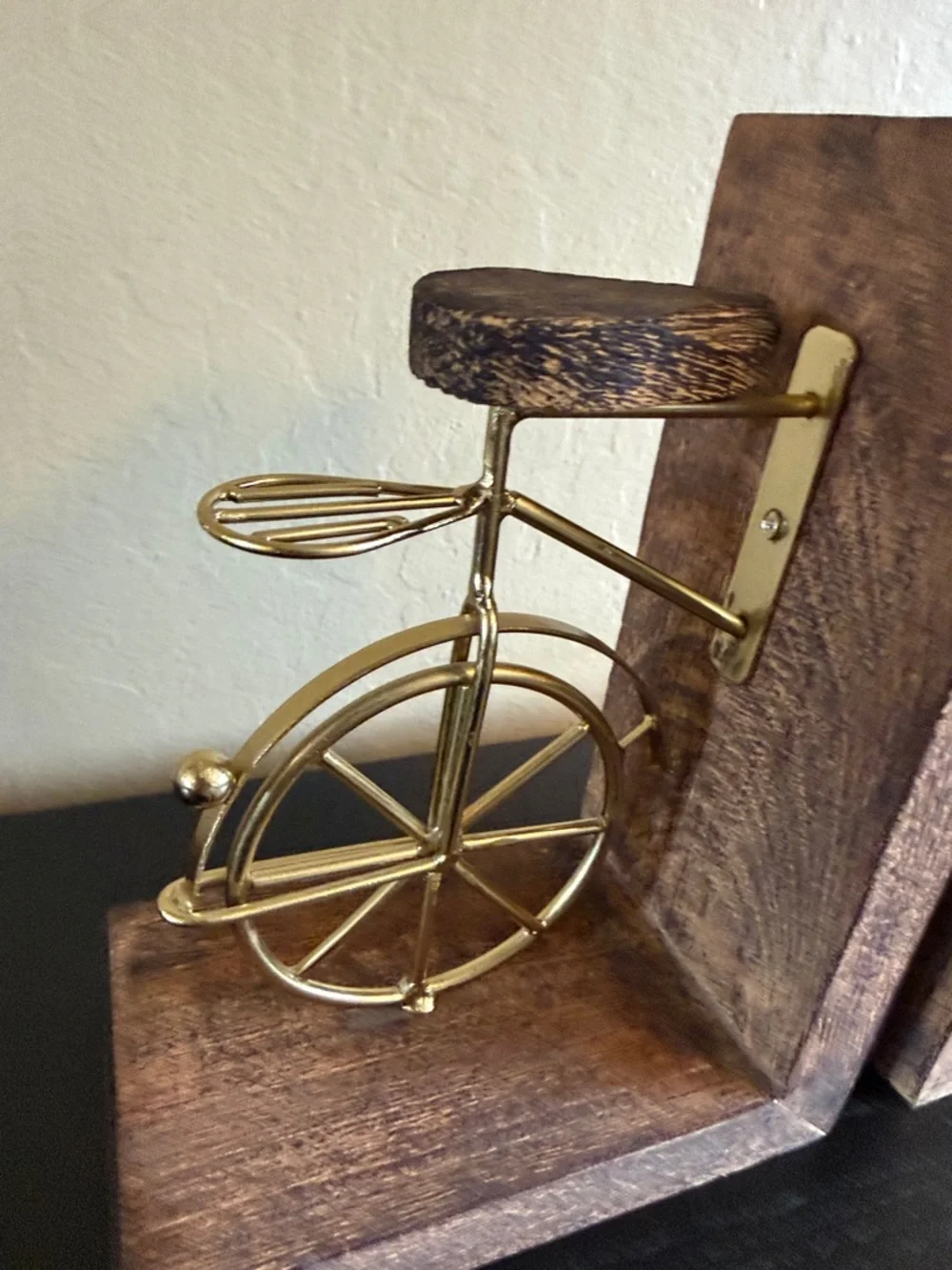 Vintage inspired Gold Metal Bicycle Bookends with Rustic Wood Base - Pair